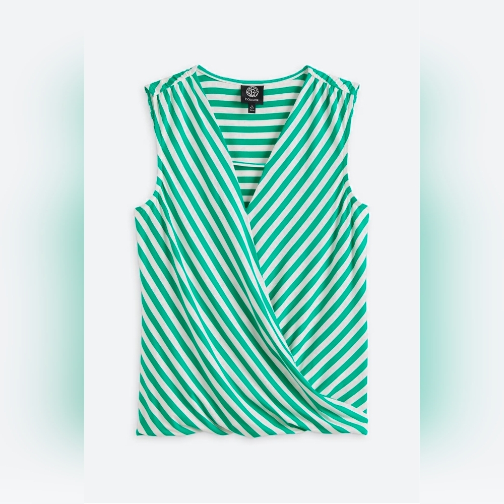 bobeau Green & White Striped Wrap-Front Sleeveless Camisole